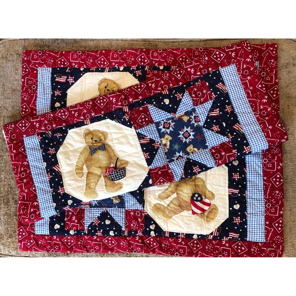 Vtg Quilted Teddy Bear Red Bandana Patriotic Flag Heart Pillow Shams 2-23X29
